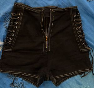 Black Lace-Up Denim Shorts