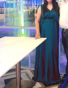 Wrap Green Satin Dress Flared Gown Party