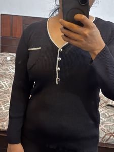 Black Button-Down V Neck Strechable Top