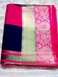 Embroidered Navy Saree with Pink Border