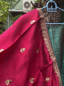 Teal Green With Maroon Dupatta Kurta Set