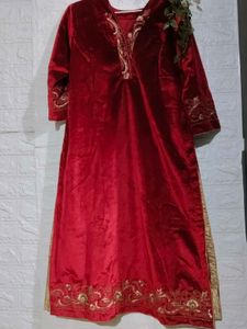 Red Velvet Embroidered Kurti