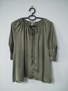 H&amp;M Khaki Green Tie-Neck Top