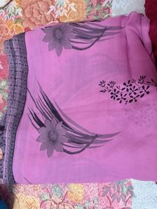 Pink Floral Print Saree - Fall attached