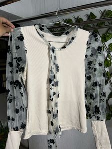 Floral Mesh Sleeve Tie Neck Top