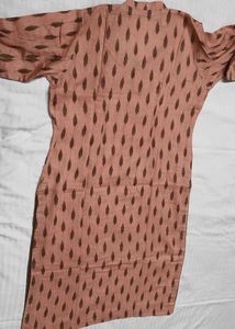 Peach Printed Embroidered Cotton Kurta Set