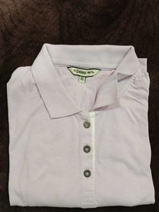 women lavender white cotton striped polo collar cr