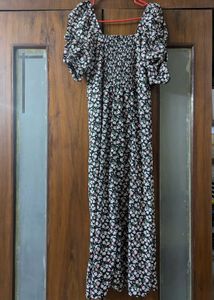 Floral Midi Dress With Slit And Puff Sleeves