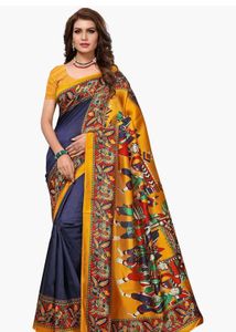 Mysore Art Silk Saree Navy Blue &amp; Mustard