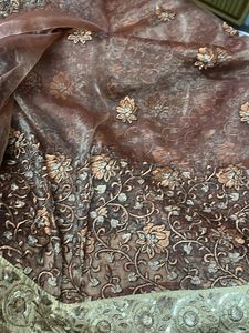 Brown Full Emb Net Saree