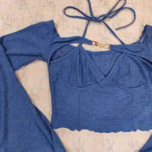 💙 SHEIN Chic Blue Bell Sleeve Crop Top 💙