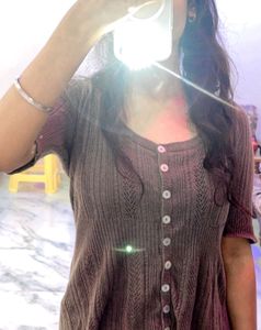 Brown Knit Button-Down Top