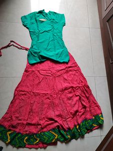 Peach Skirt And Aqua Green Blouse Set