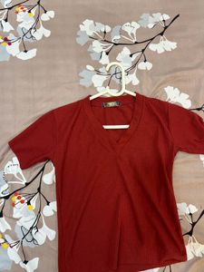 Red V-Neck Tee &amp; Black Jeans