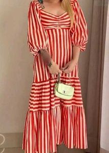 Red & White Striped Puff Sleeve Maxi Dress