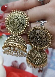 Dome Shaped Golden Oxidised Alloy Jhumka Earrings❤
