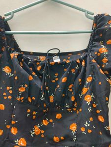 Floral Midi Dress - Puff Sleeve, Slit Detail
