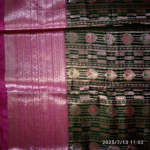 Pink & Green Woven Silk Saree