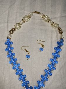 Blue Crystal &amp; Pearl Necklace Earrings Set