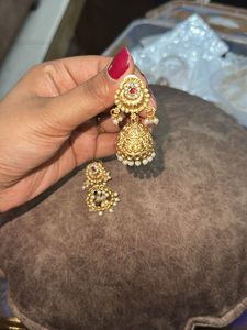 Golden Polish Jhumki With Ad Stones