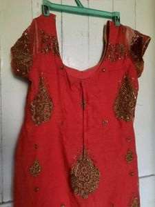Red Net Embroidered Kurti Women
