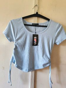 Sky Blue Ribbed Tie-Side Crop Top