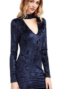 Blue Velvet Mock Neck Dress