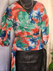 Zara Tropical Print Poplin Wrap Blouse