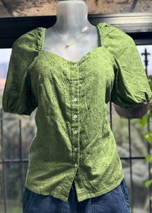 Green Eyelet Puff Sleeve Top