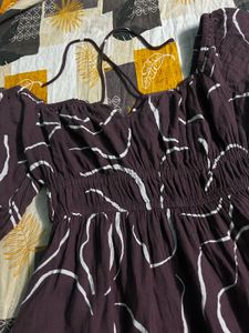 brown offshoulder with neck strip dress