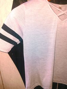 Women Grey Plain Black Stripe Cross Neck Top