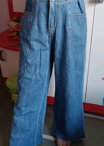 Women Wide Jeans With Pocket (Blue)