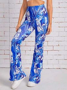 Blue Marble Print Flared Pants