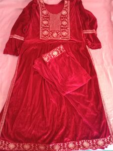 Velvet Maroon Nyra Cut Kurta With Plazo XL Size