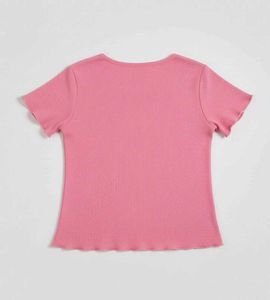 Pink Ribbed Button-Down Short Sleeve Top