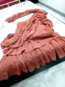 Brown Ruffles Stitched Saree🆕✨ Branded ⚡