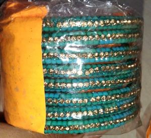 Teal &amp; Gold Beaded Bangle Set