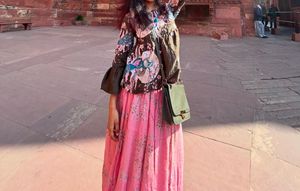 olive green satin top with cotton pink skirt