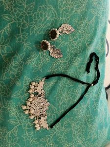 antique silver oxidised necklace and earring set