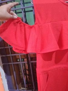 Red Ruffle Cold Shoulder Romper