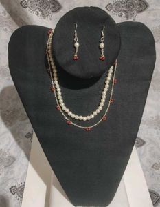 2 In 1 | Pearl &amp; Red Bead Necklace Set