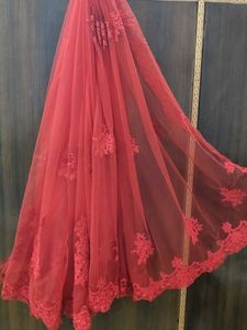 Red Embroidered Net Fabric