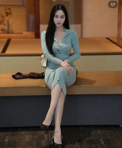 light blue solid ribbed knitted sweater Midi dress