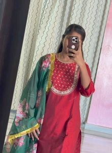 Red Embroidered Kurti with Floral Dupatta