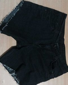 Black Denim Frayed Shorts