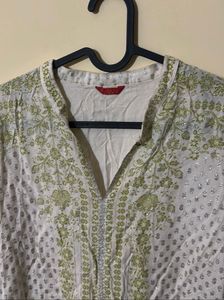 W for Woman Green Mandarin Neck printed Kurta