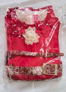Girls' Red Dress with Floral Detail