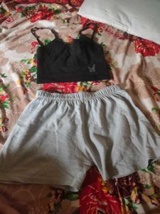 Black Butterfly Top & Gray Shorts Set