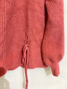 Pink Woolen Neck Cut Sweater With Black Inner