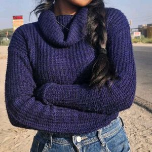 Blue Knit Turtleneck Sweater